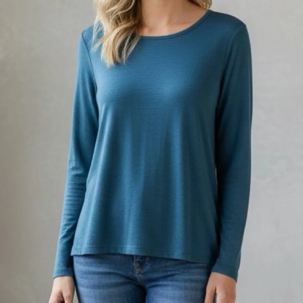 Olivia Moon Teal Blue Drape Open Back Knit Top Sz M Long Sleeve Made In USA EUC